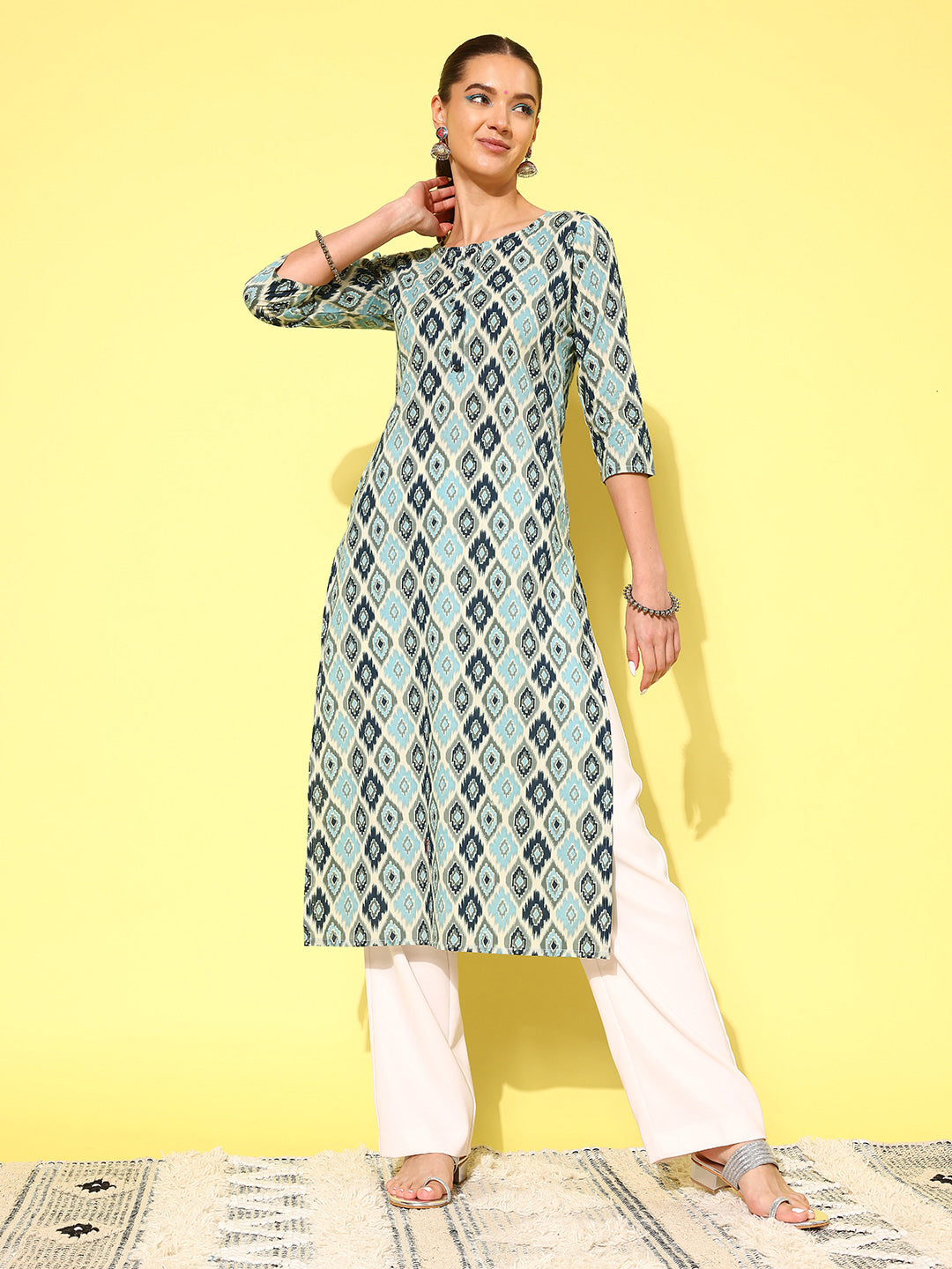 Women Blue Ethnic Printed Straight Kurta With Three Quarter Sleeves | LASVINI - Redefining Indian Fashion with Elegance