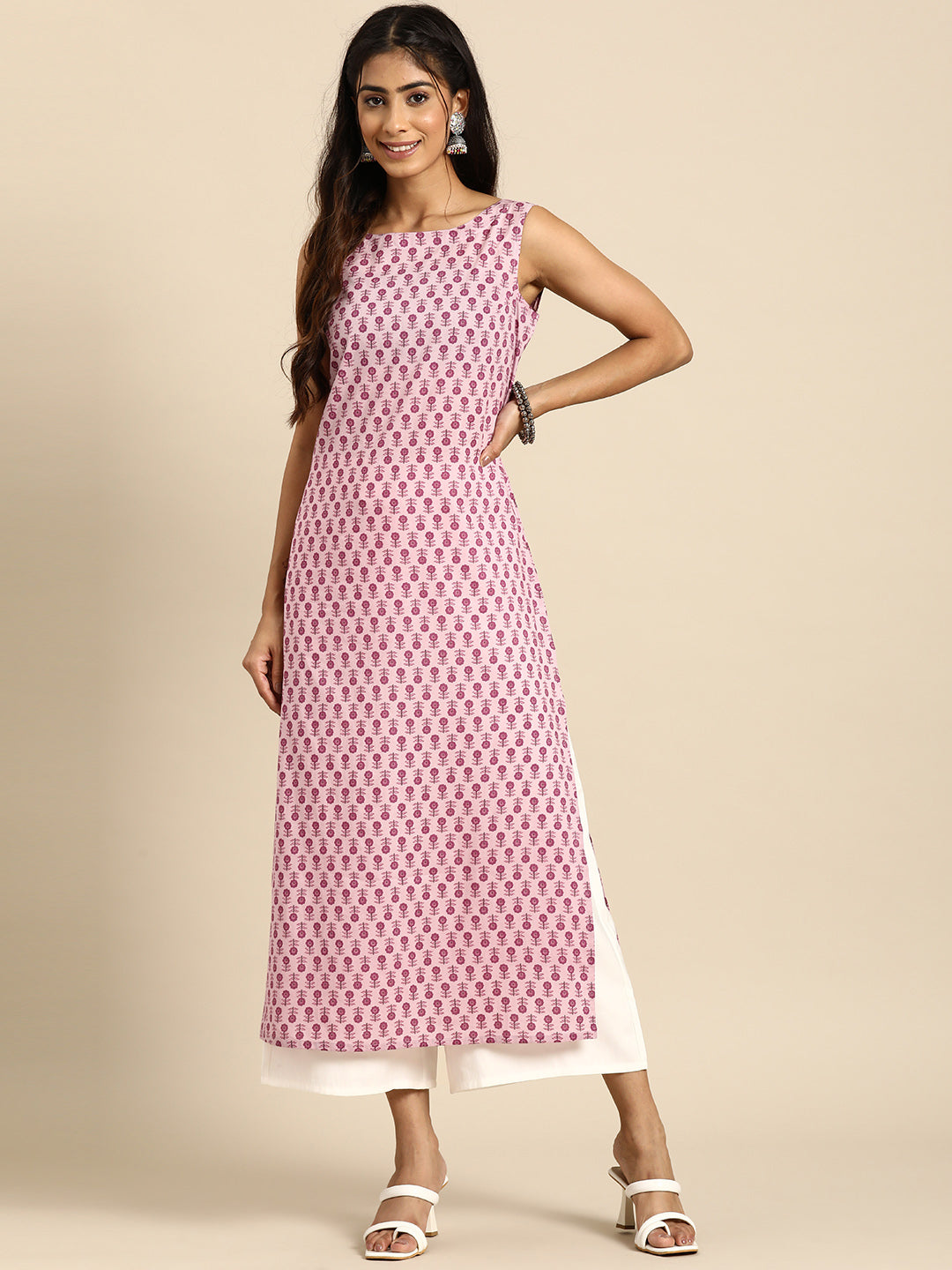 Women Mauve Ethnic Printed Straight Sleeveless Kurta | LASVINI - Redefining Indian Fashion with Elegance