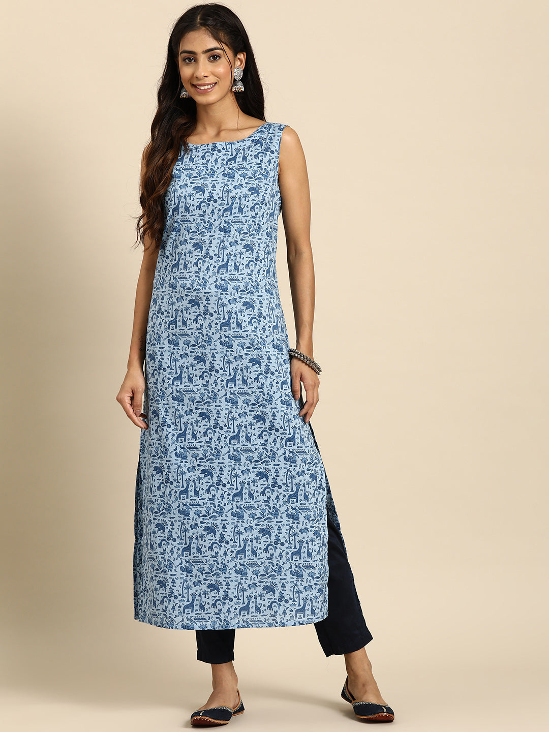 Women Blue Ethnic Printed Straight Sleeveless Kurta | LASVINI - Redefining Indian Fashion with Elegance