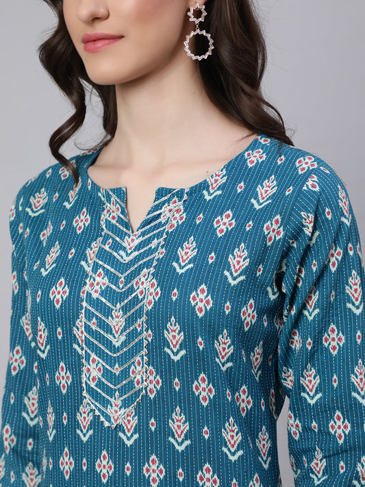 Women Blue Ethnic Printed Straight Kurta With Three Quarter Sleeves | LASVINI - Redefining Indian Fashion with Elegance