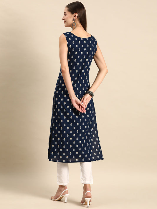 Women Navy Blue Ethnic Printed Straight Sleeveless Kurta | LASVINI - Redefining Indian Fashion with Elegance