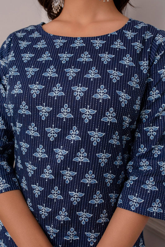 Women Blue Ethnic Printed Straight Kurta With Three Quarter Sleeves | LASVINI - Redefining Indian Fashion with Elegance