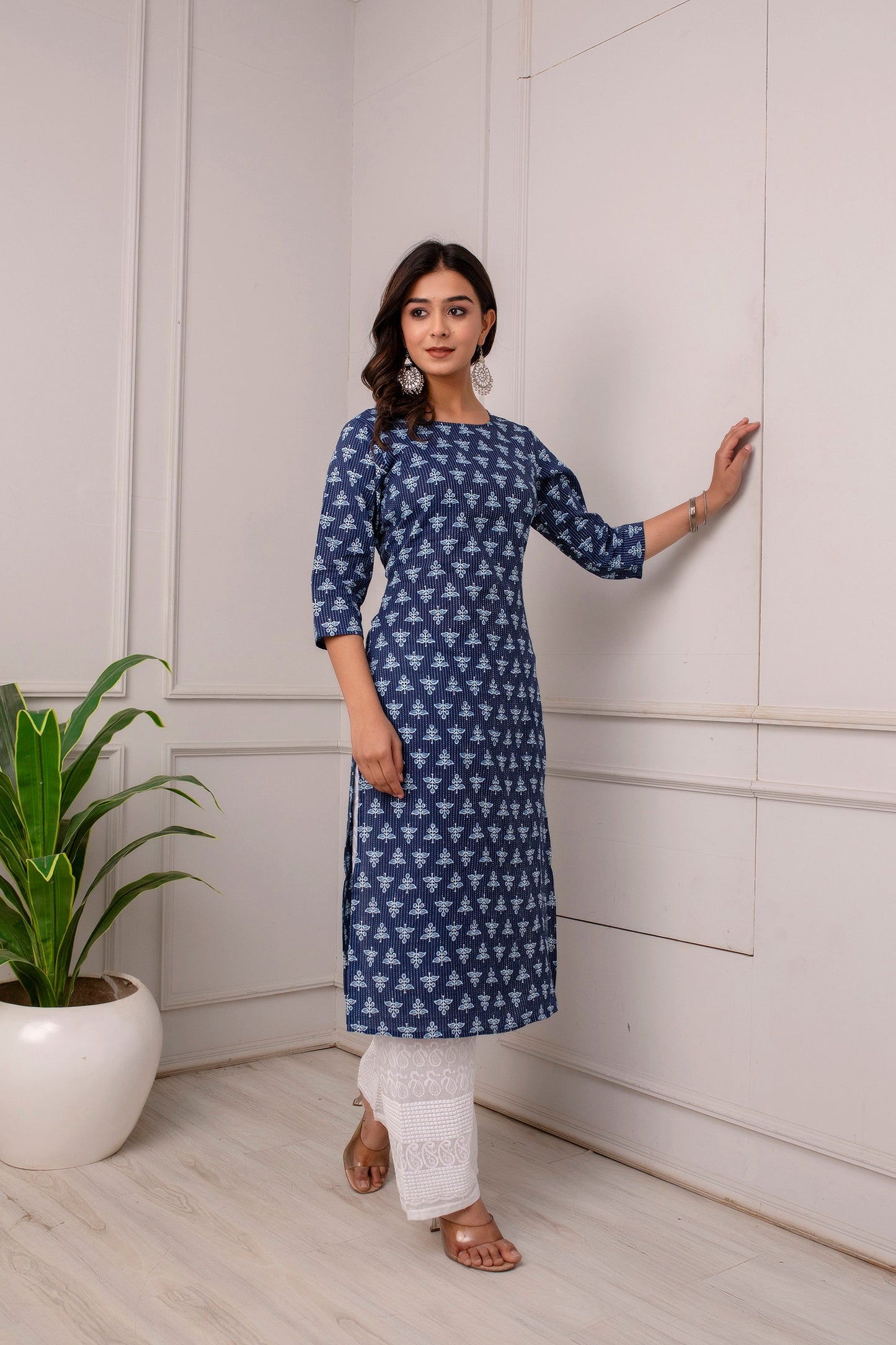 Women Blue Ethnic Printed Straight Kurta With Three Quarter Sleeves | LASVINI - Redefining Indian Fashion with Elegance