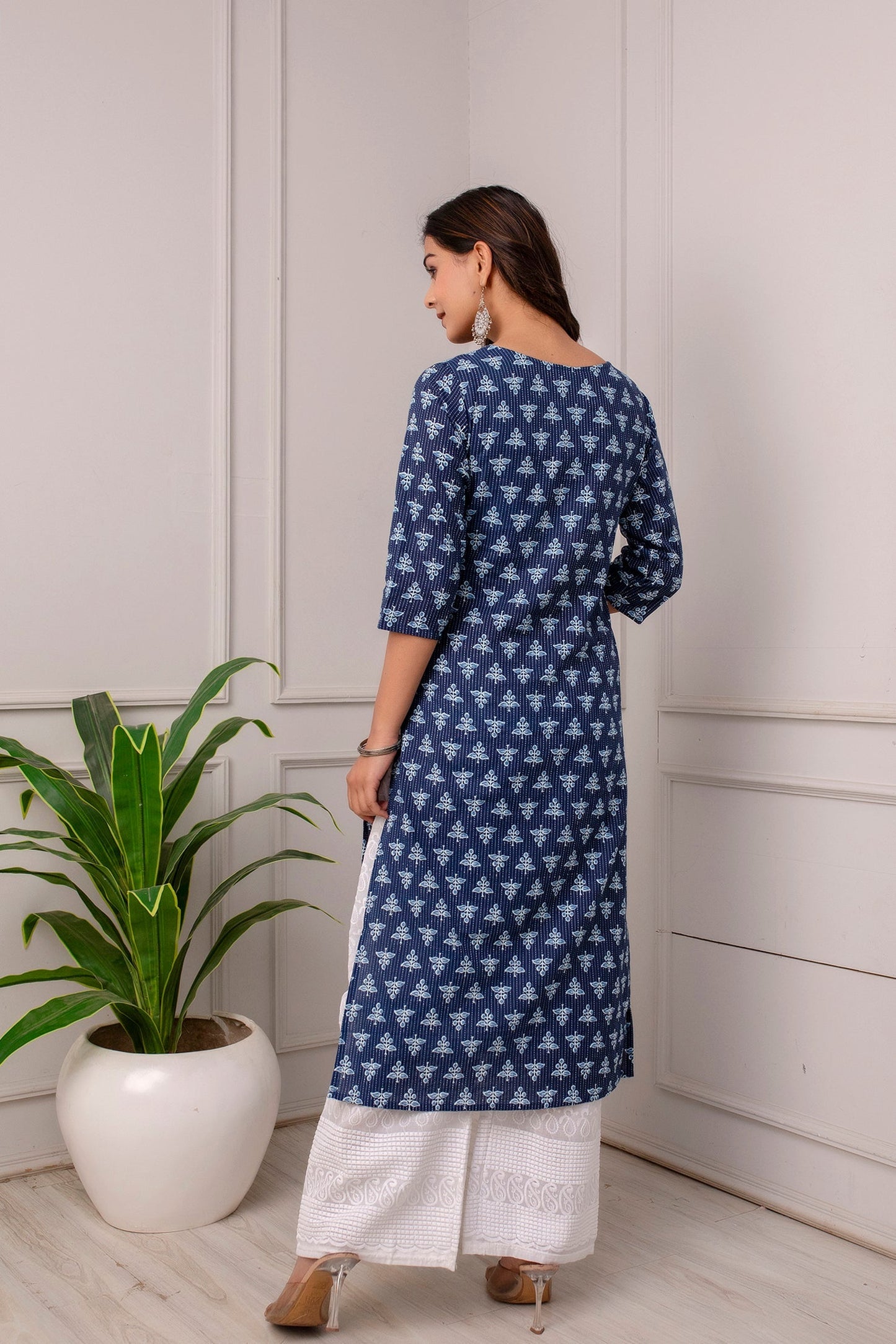 Women Blue Ethnic Printed Straight Kurta With Three Quarter Sleeves | LASVINI - Redefining Indian Fashion with Elegance