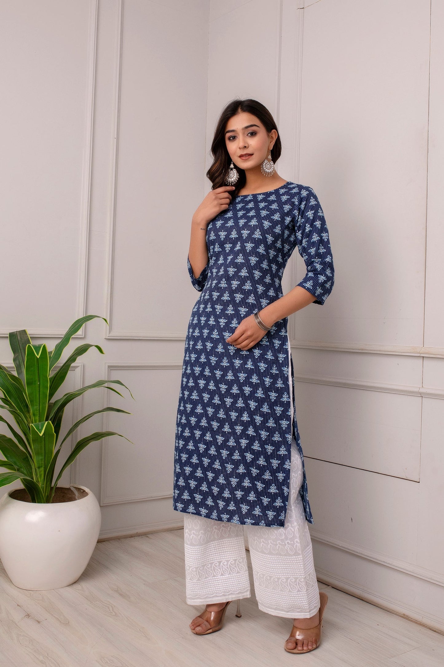 Women Blue Ethnic Printed Straight Kurta With Three Quarter Sleeves | LASVINI - Redefining Indian Fashion with Elegance