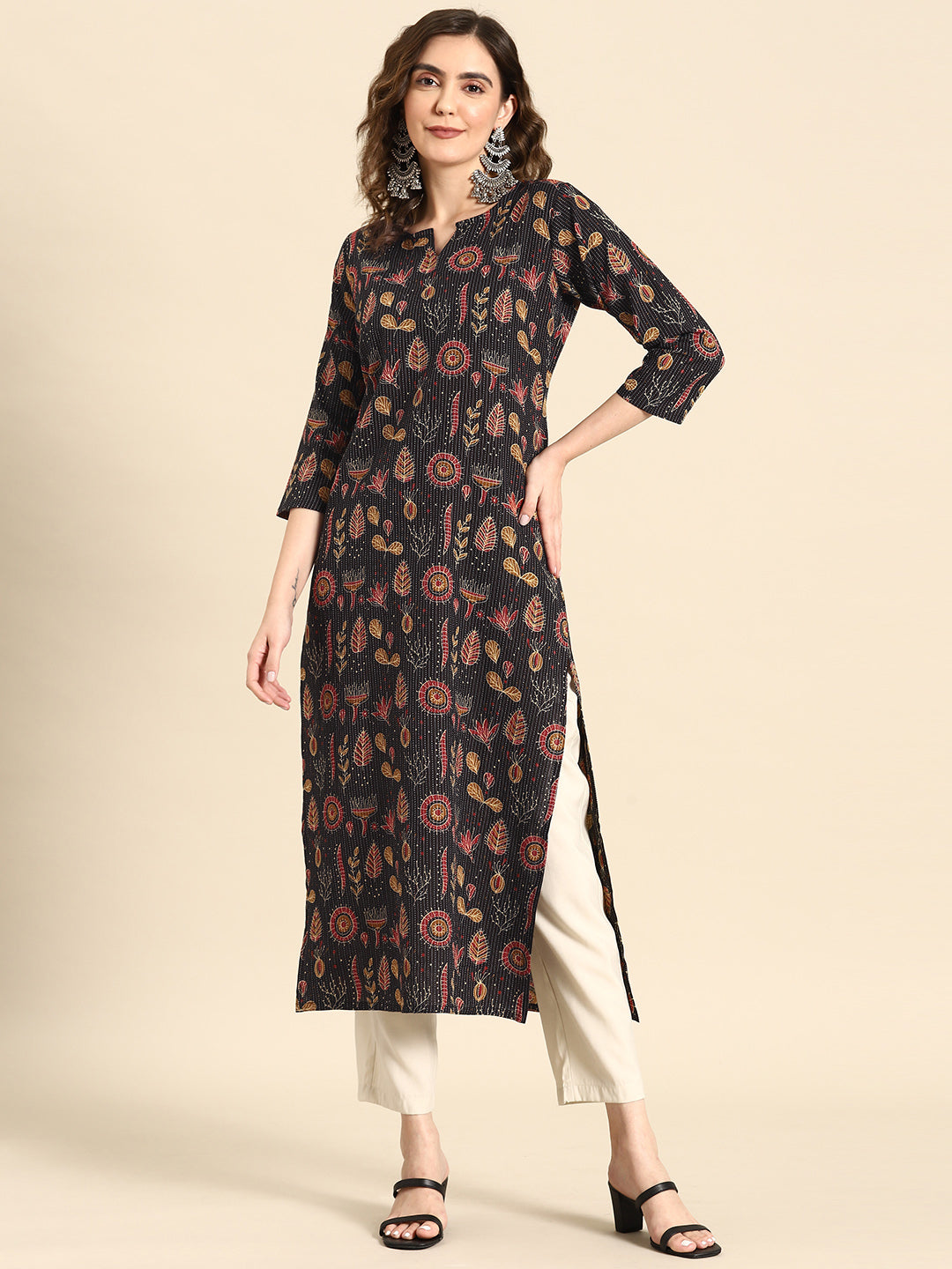 Women Black Printed Straight Kurta With Three Quarter Sleeves | LASVINI - Redefining Indian Fashion with Elegance