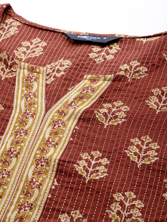 Women Maroon Printed Straight Kurta With Three Quarter Sleeves | LASVINI - Redefining Indian Fashion with Elegance