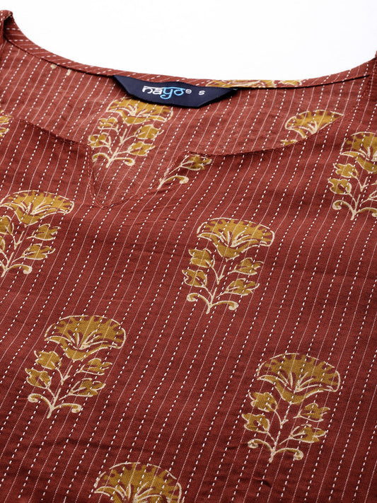 Women Maroon Printed Straight Kurta With Three Quarter Sleeves | LASVINI - Redefining Indian Fashion with Elegance