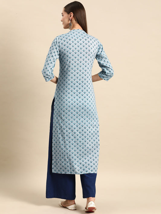 Women Blue Ethnic Printed Straight Kurta With Three Quarter Sleeves | LASVINI - Redefining Indian Fashion with Elegance
