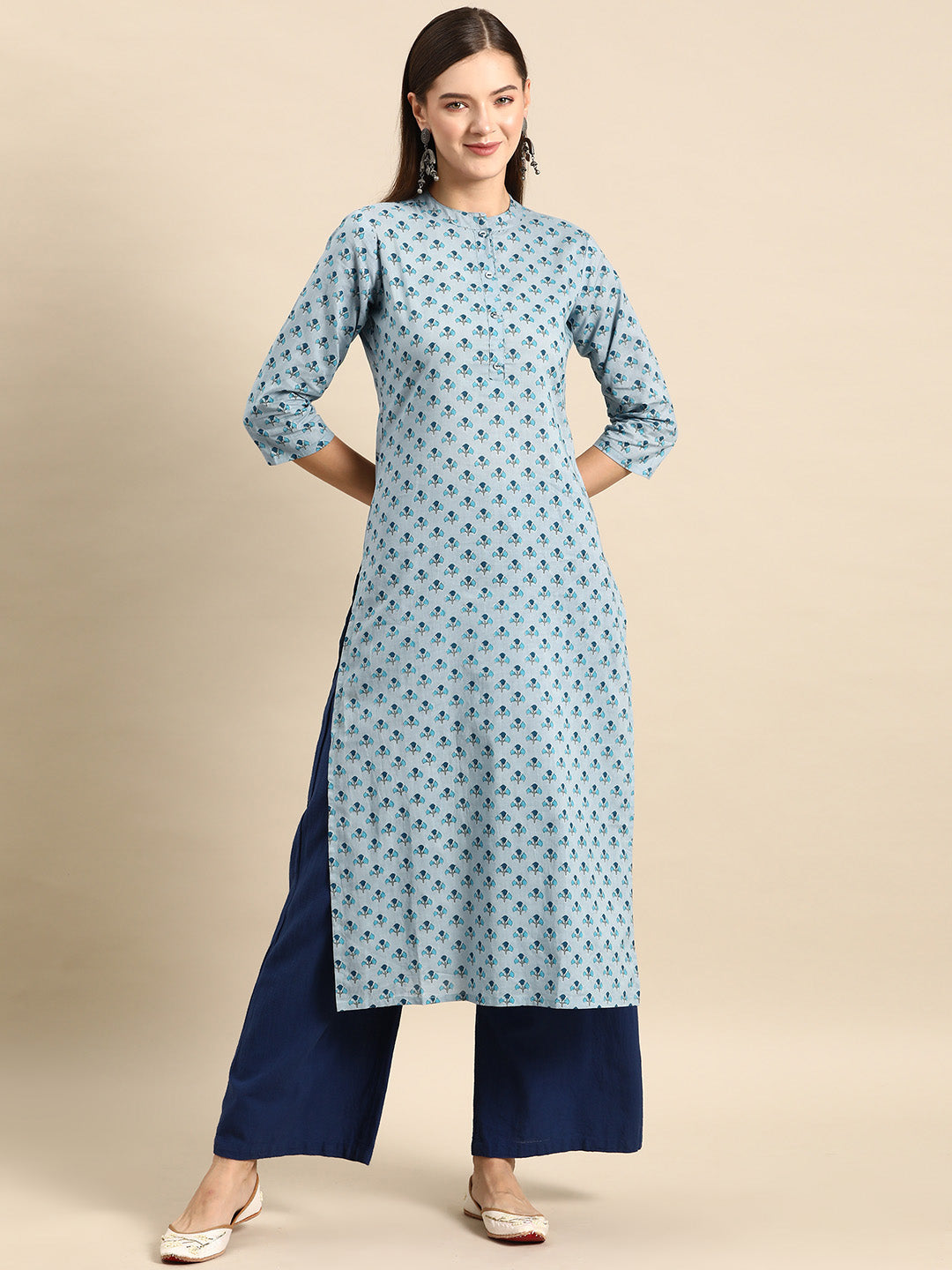 Women Blue Ethnic Printed Straight Kurta With Three Quarter Sleeves | LASVINI - Redefining Indian Fashion with Elegance