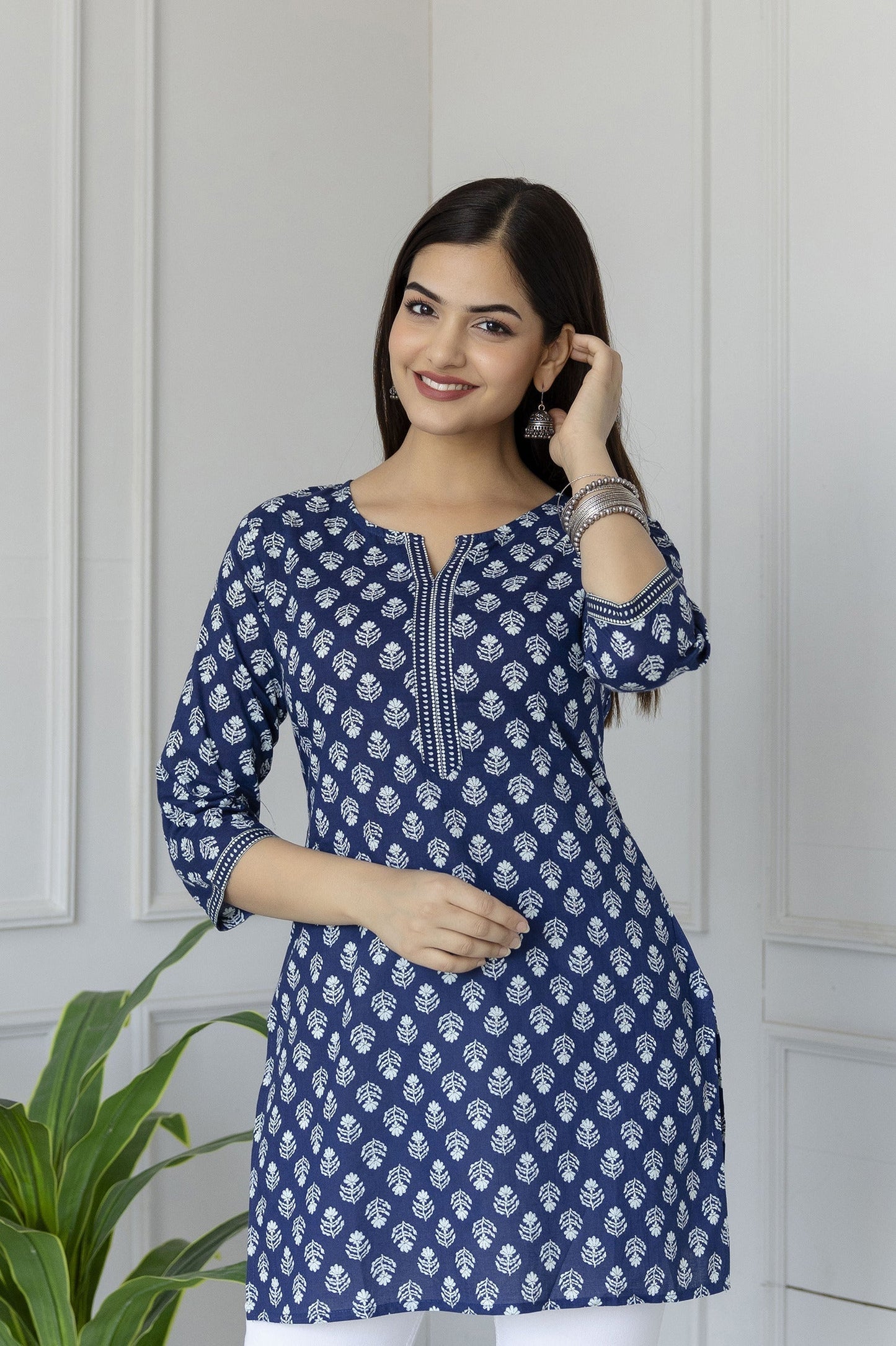 Women Blue Straight Tunic With Three Quarter Sleeves | LASVINI - Redefining Indian Fashion with Elegance