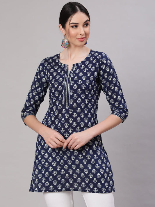 Women Blue Straight Tunic With Three Quarter Sleeves | LASVINI - Redefining Indian Fashion with Elegance