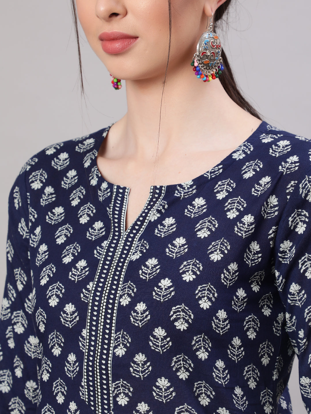 Women Blue Straight Tunic With Three Quarter Sleeves | LASVINI - Redefining Indian Fashion with Elegance