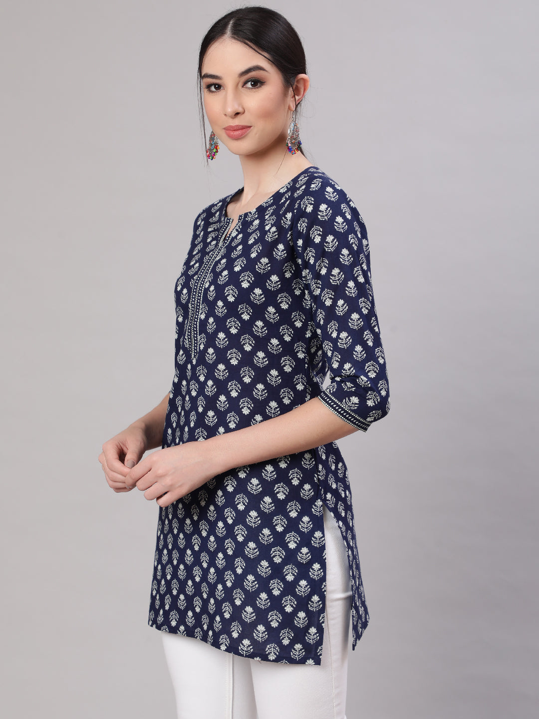 Women Blue Straight Tunic With Three Quarter Sleeves | LASVINI - Redefining Indian Fashion with Elegance