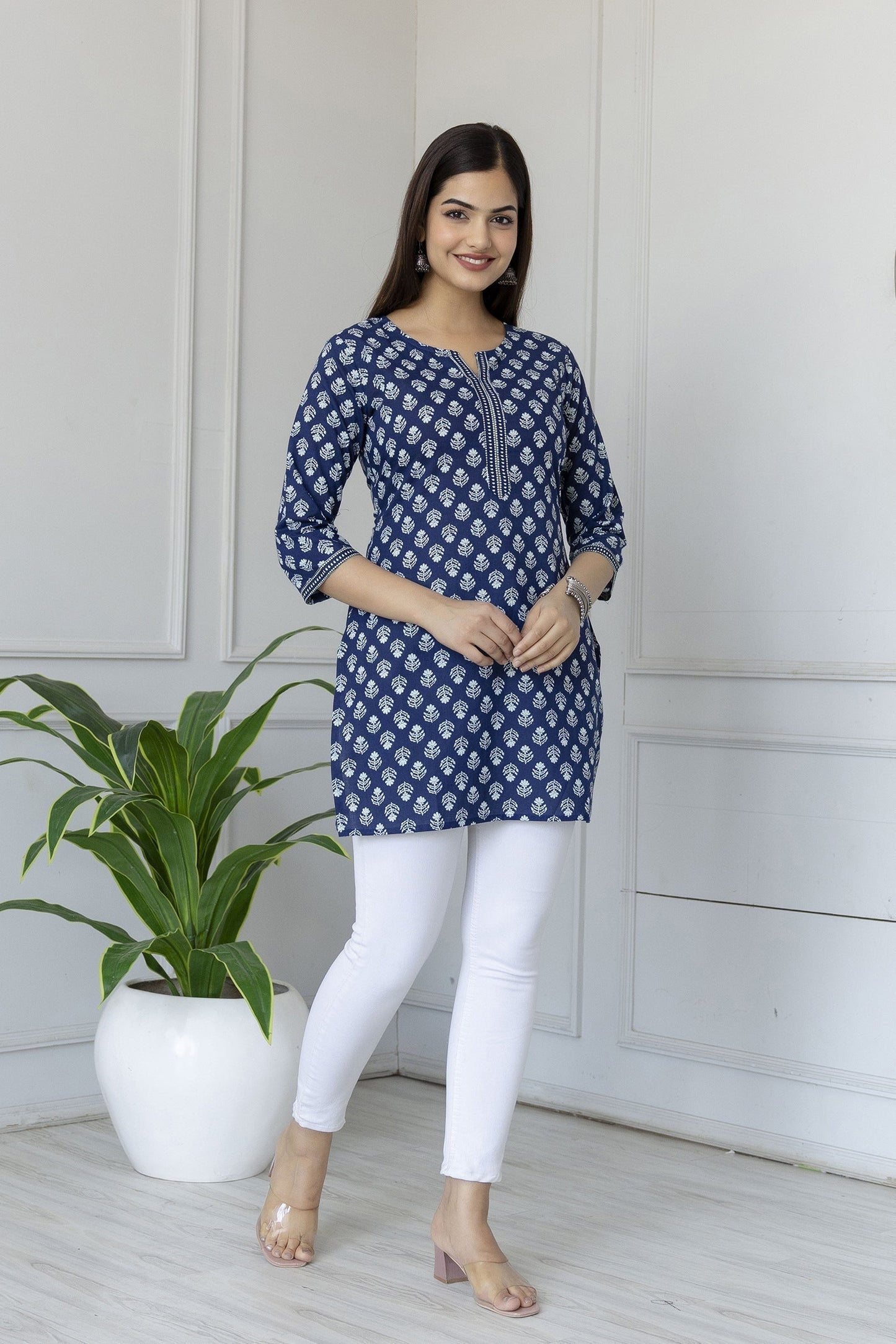 Women Blue Straight Tunic With Three Quarter Sleeves | LASVINI - Redefining Indian Fashion with Elegance
