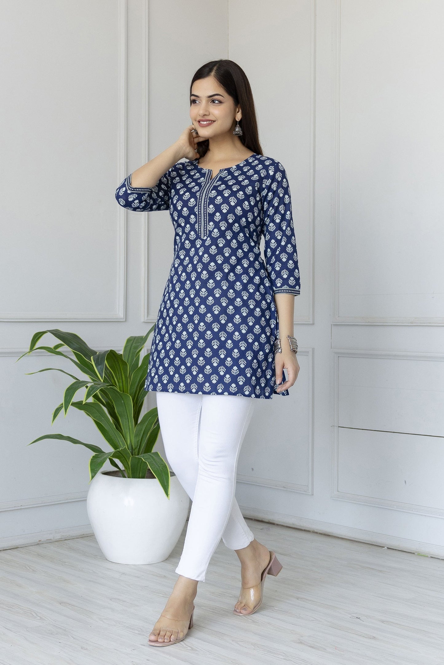 Women Blue Straight Tunic With Three Quarter Sleeves | LASVINI - Redefining Indian Fashion with Elegance