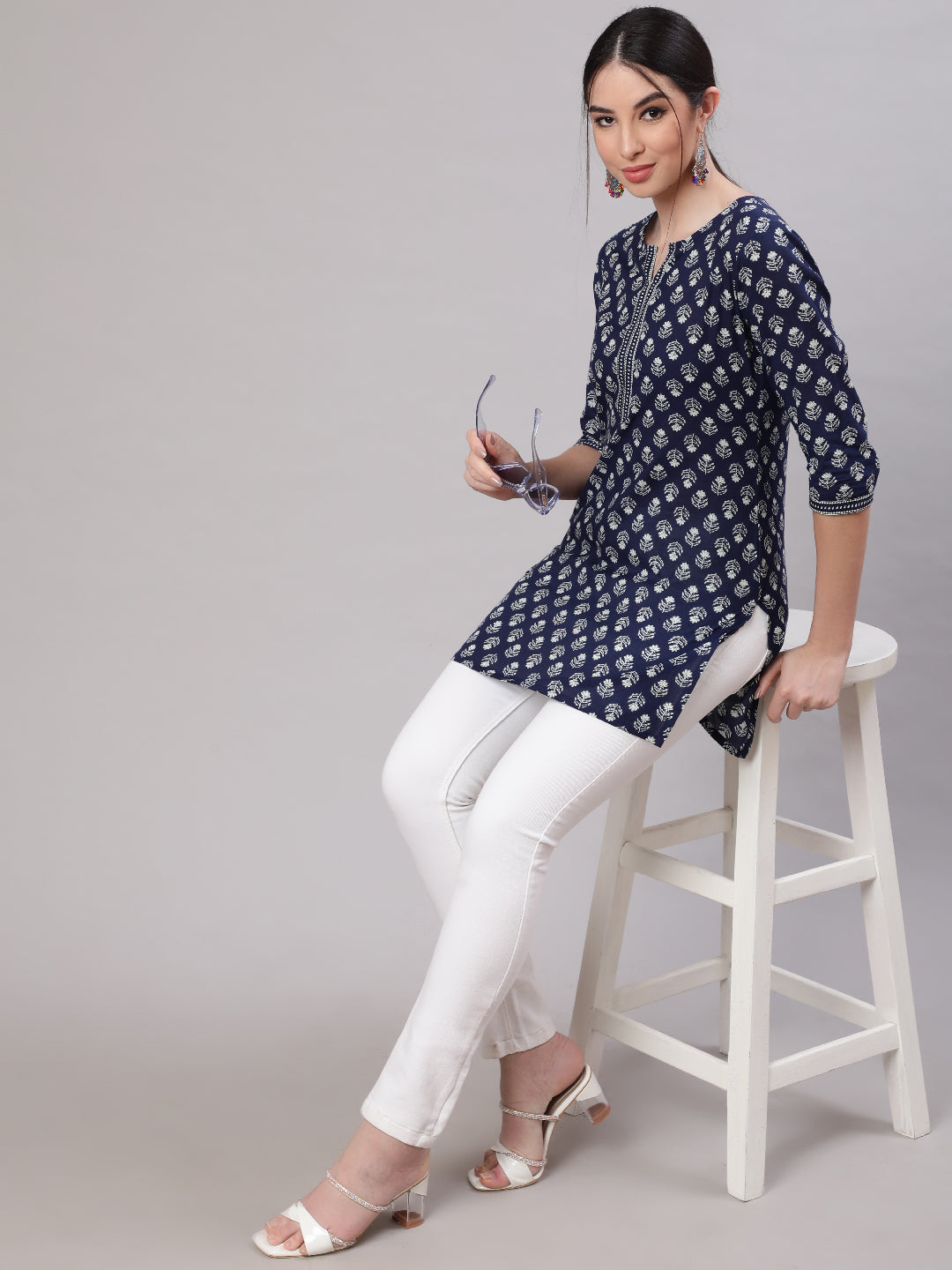Women Blue Straight Tunic With Three Quarter Sleeves | LASVINI - Redefining Indian Fashion with Elegance