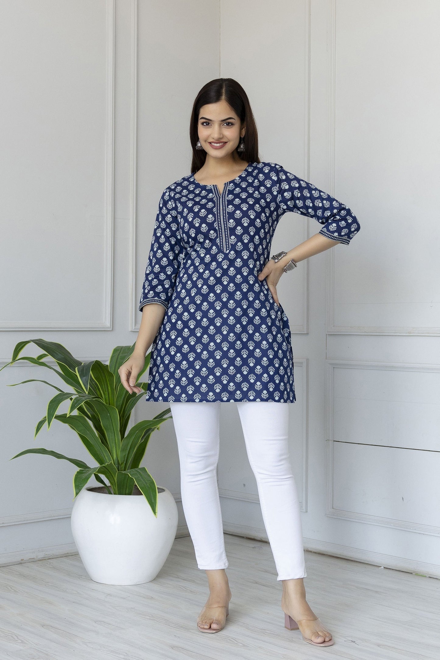 Women Blue Straight Tunic With Three Quarter Sleeves | LASVINI - Redefining Indian Fashion with Elegance