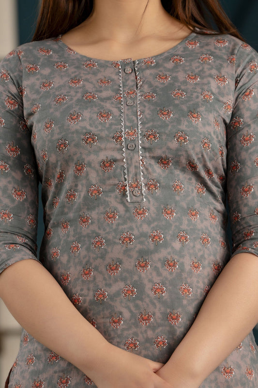Women Grey Ethnic Printed Straight Kurta With Three Quarter Sleeves | LASVINI - Redefining Indian Fashion with Elegance