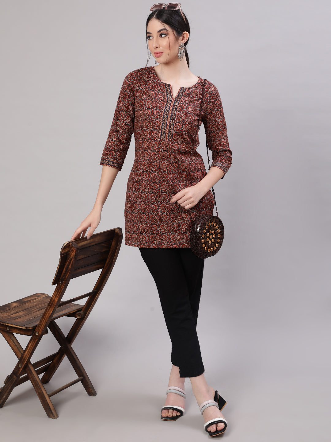 Women Multi Color Printed Straight Tunic With Three Quarter Sleeves | LASVINI - Redefining Indian Fashion with Elegance