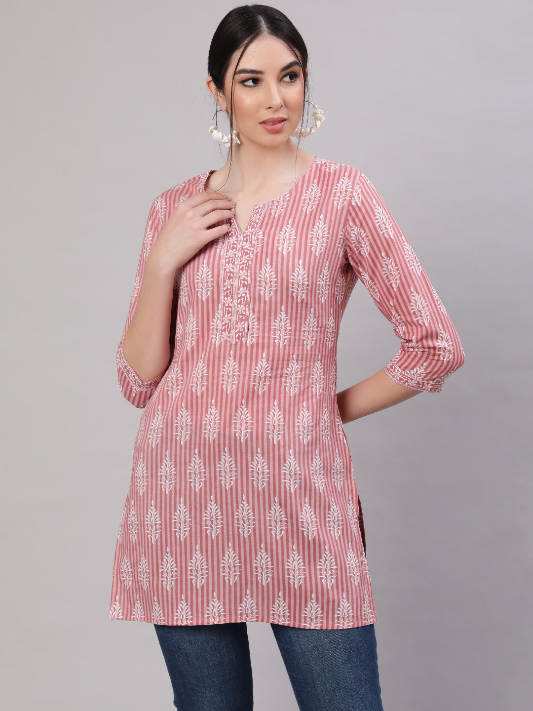 Women Pink Straight Tunic With Three Quarter Sleeves | LASVINI - Redefining Indian Fashion with Elegance
