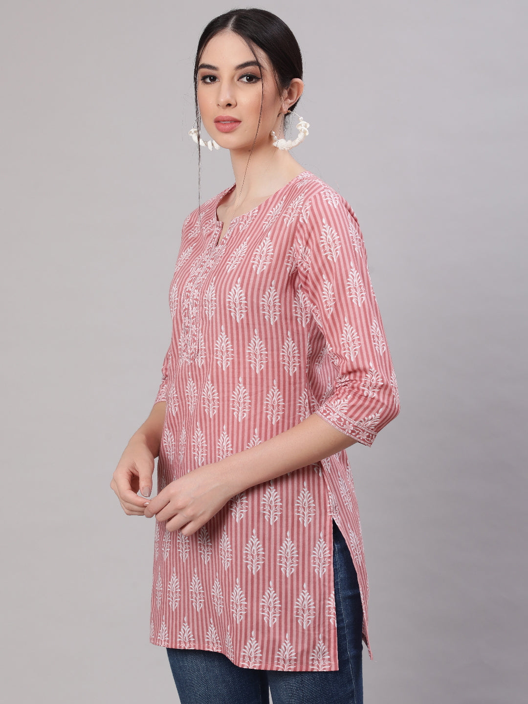 Women Pink Straight Tunic With Three Quarter Sleeves | LASVINI - Redefining Indian Fashion with Elegance