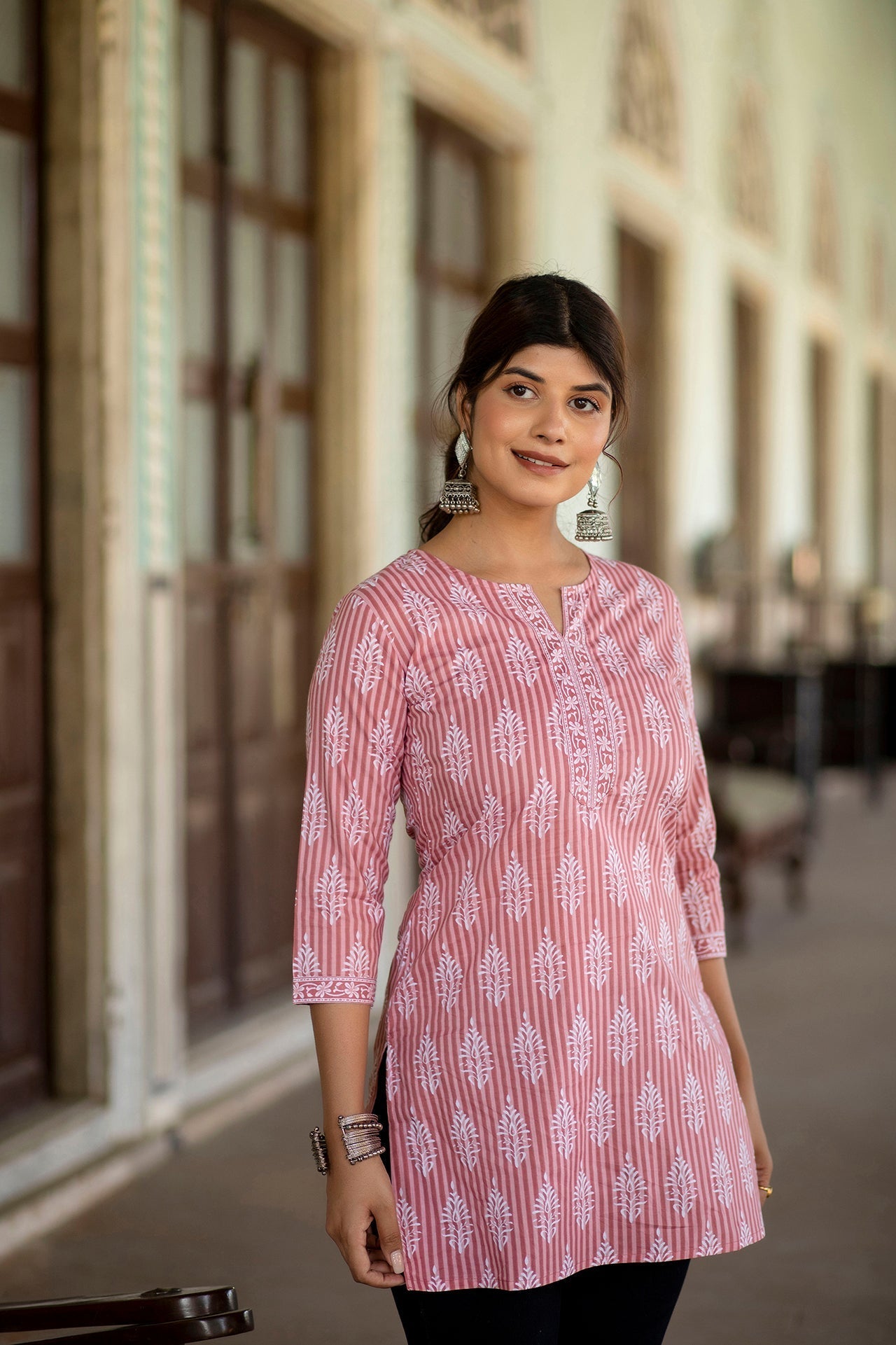 Women Pink Straight Tunic With Three Quarter Sleeves | LASVINI - Redefining Indian Fashion with Elegance