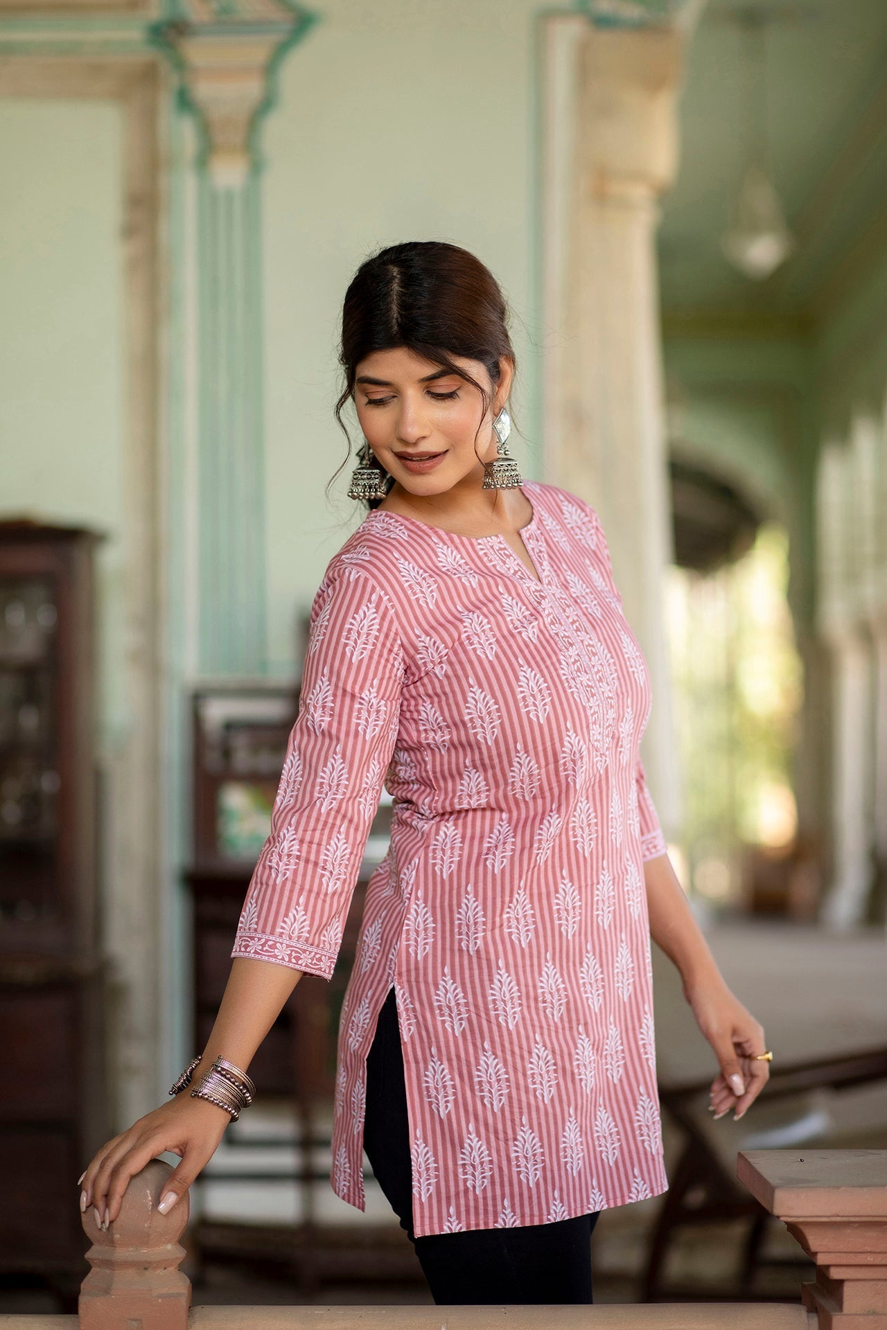 Women Pink Straight Tunic With Three Quarter Sleeves | LASVINI - Redefining Indian Fashion with Elegance
