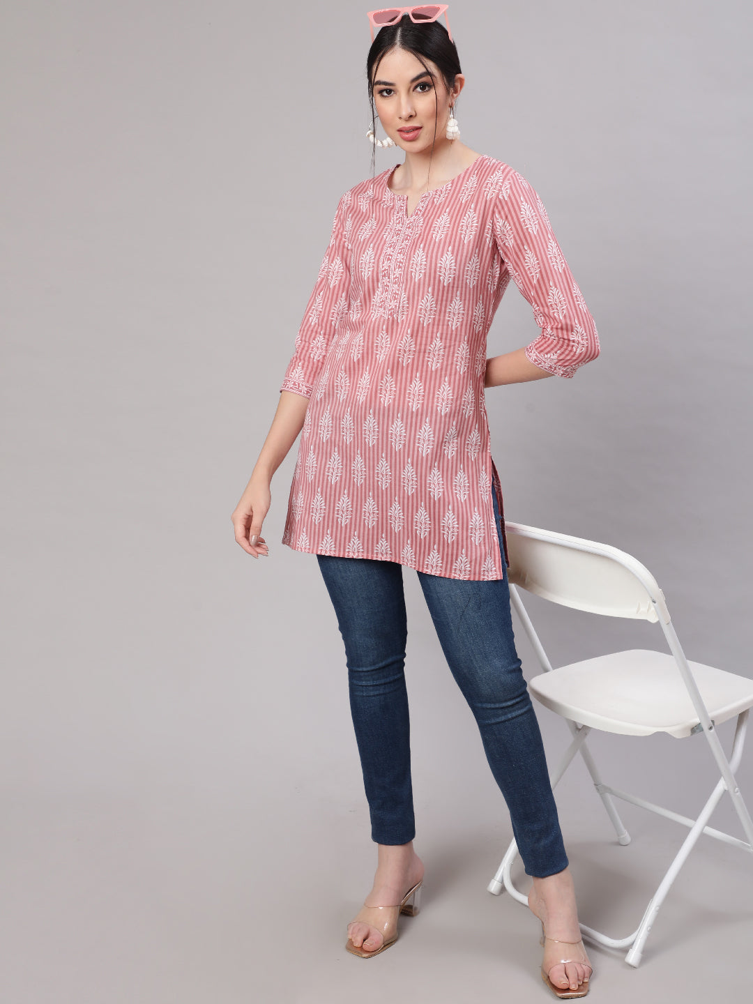 Women Pink Straight Tunic With Three Quarter Sleeves | LASVINI - Redefining Indian Fashion with Elegance