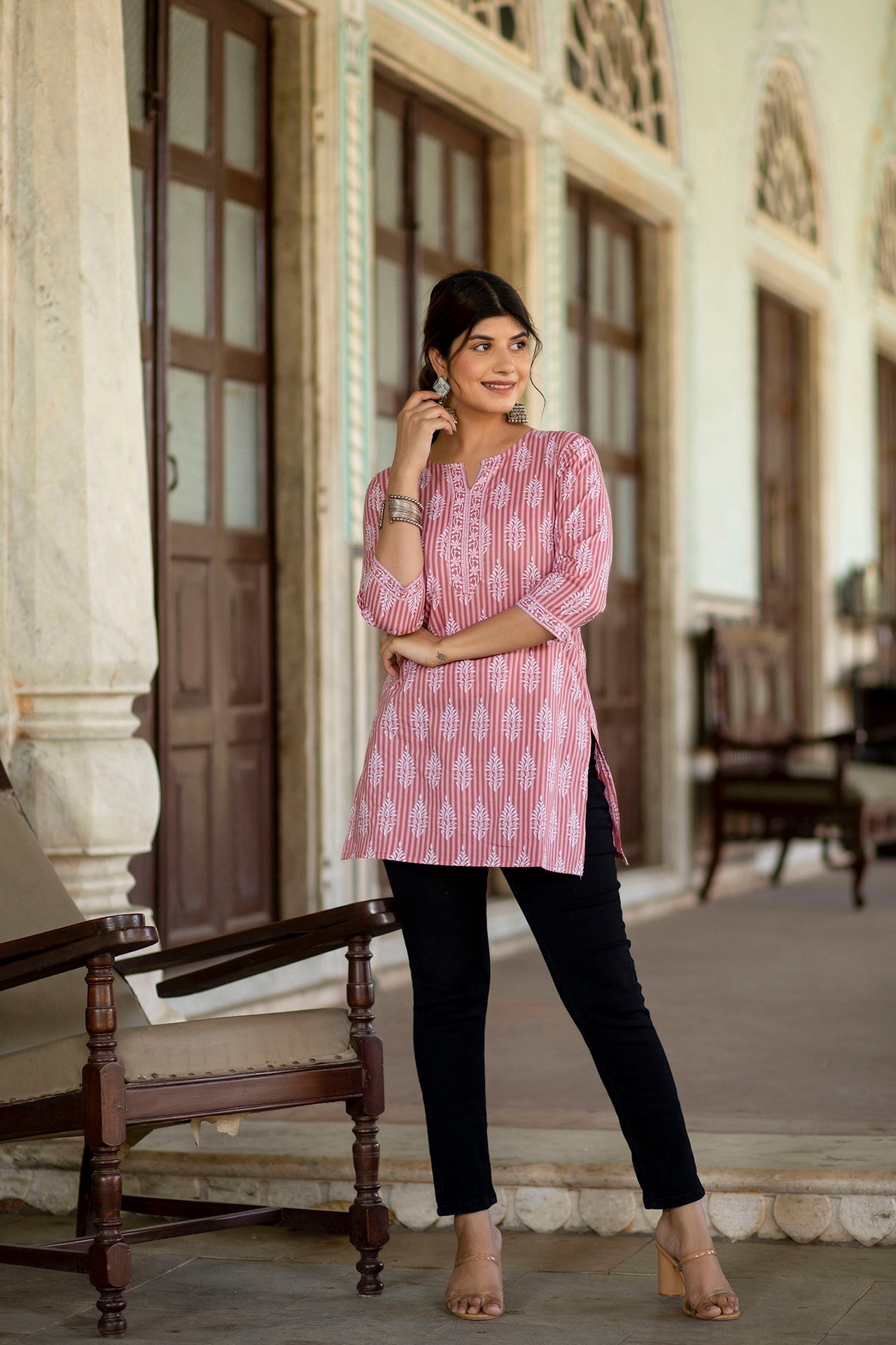 Women Pink Straight Tunic With Three Quarter Sleeves | LASVINI - Redefining Indian Fashion with Elegance