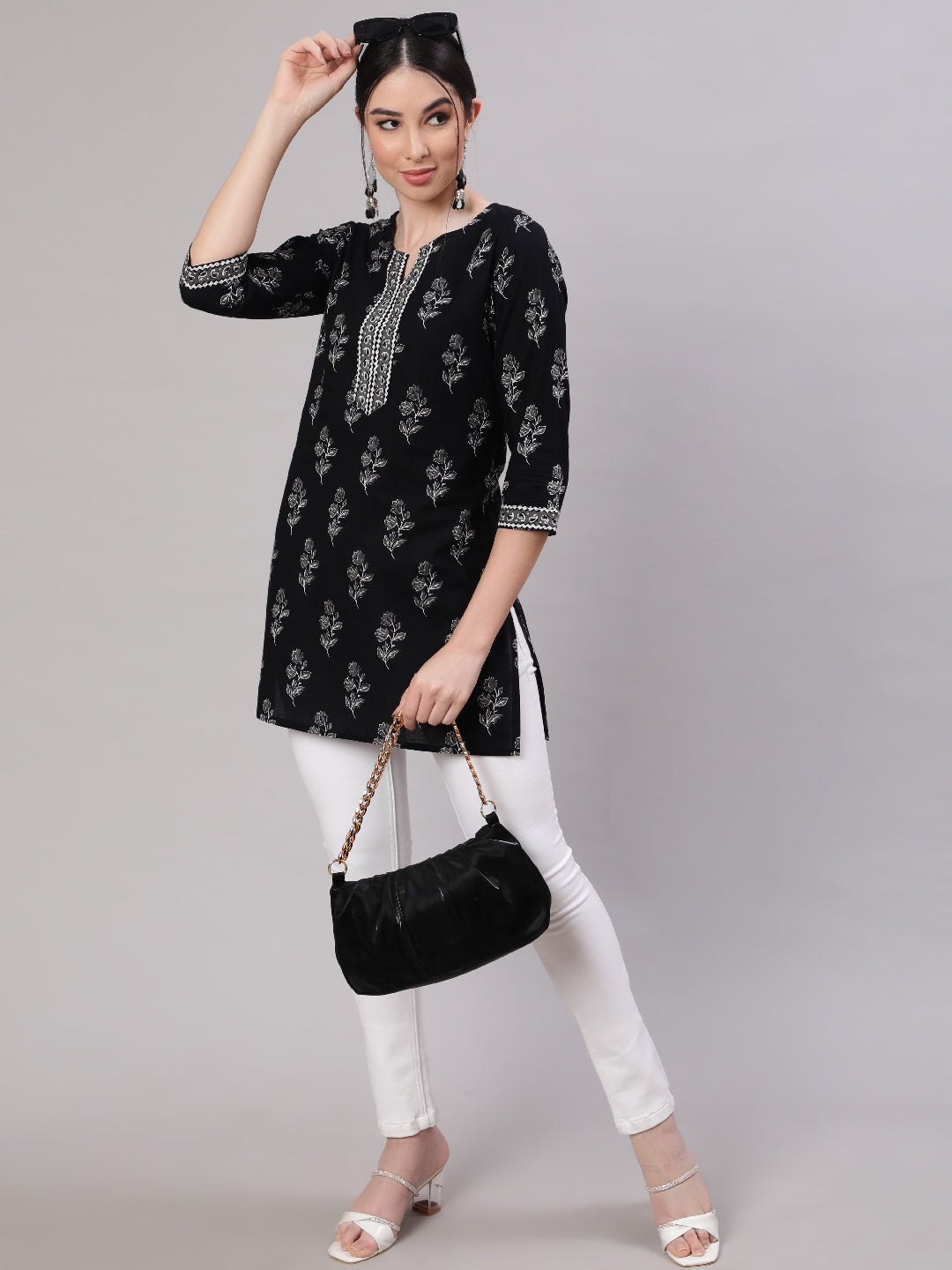 Women Black Straight Tunic With Three Quarter Sleeves | LASVINI - Redefining Indian Fashion with Elegance