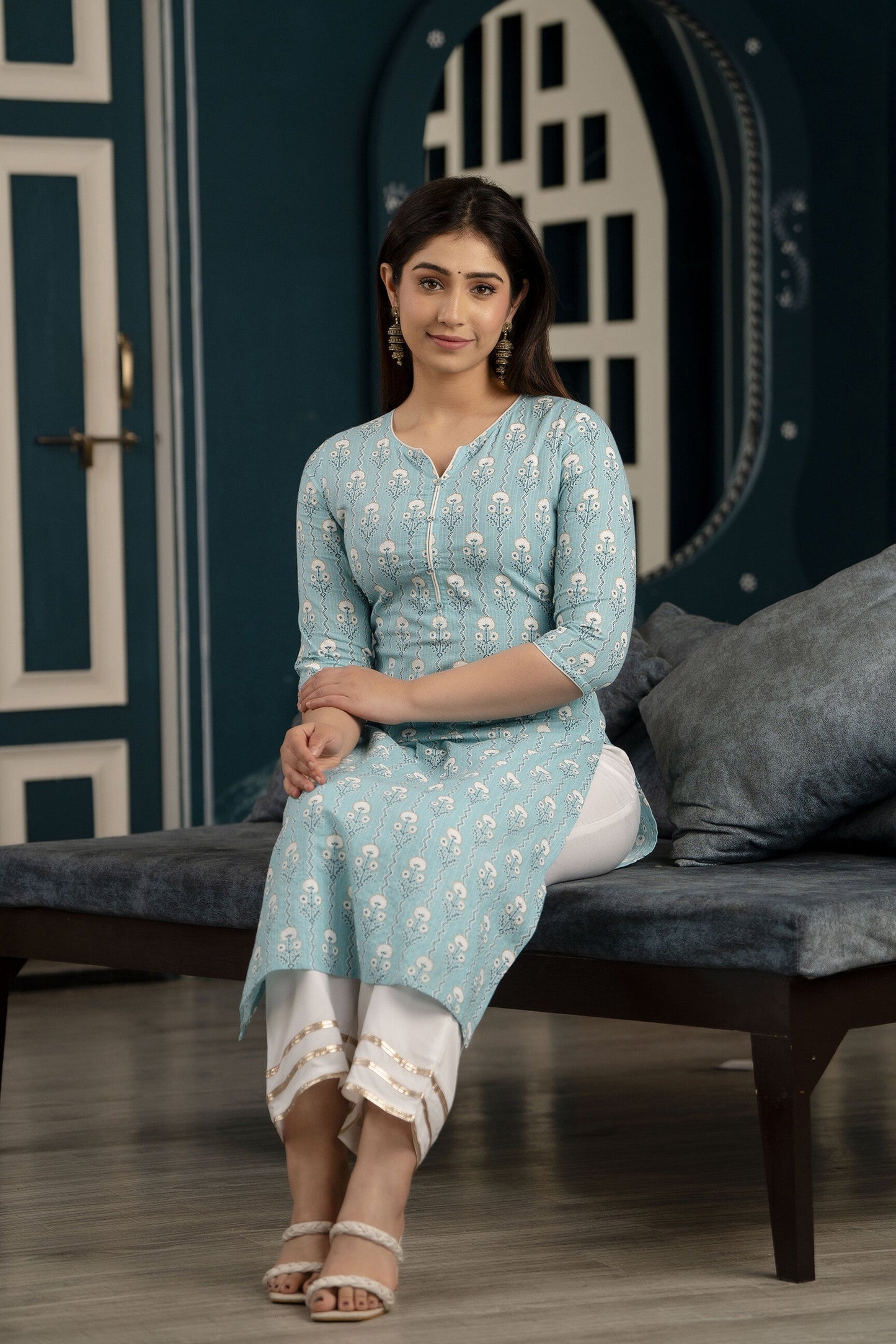 Women Blue Ethnic Printed Straight Kurta With Three Quarter Sleeves | LASVINI - Redefining Indian Fashion with Elegance