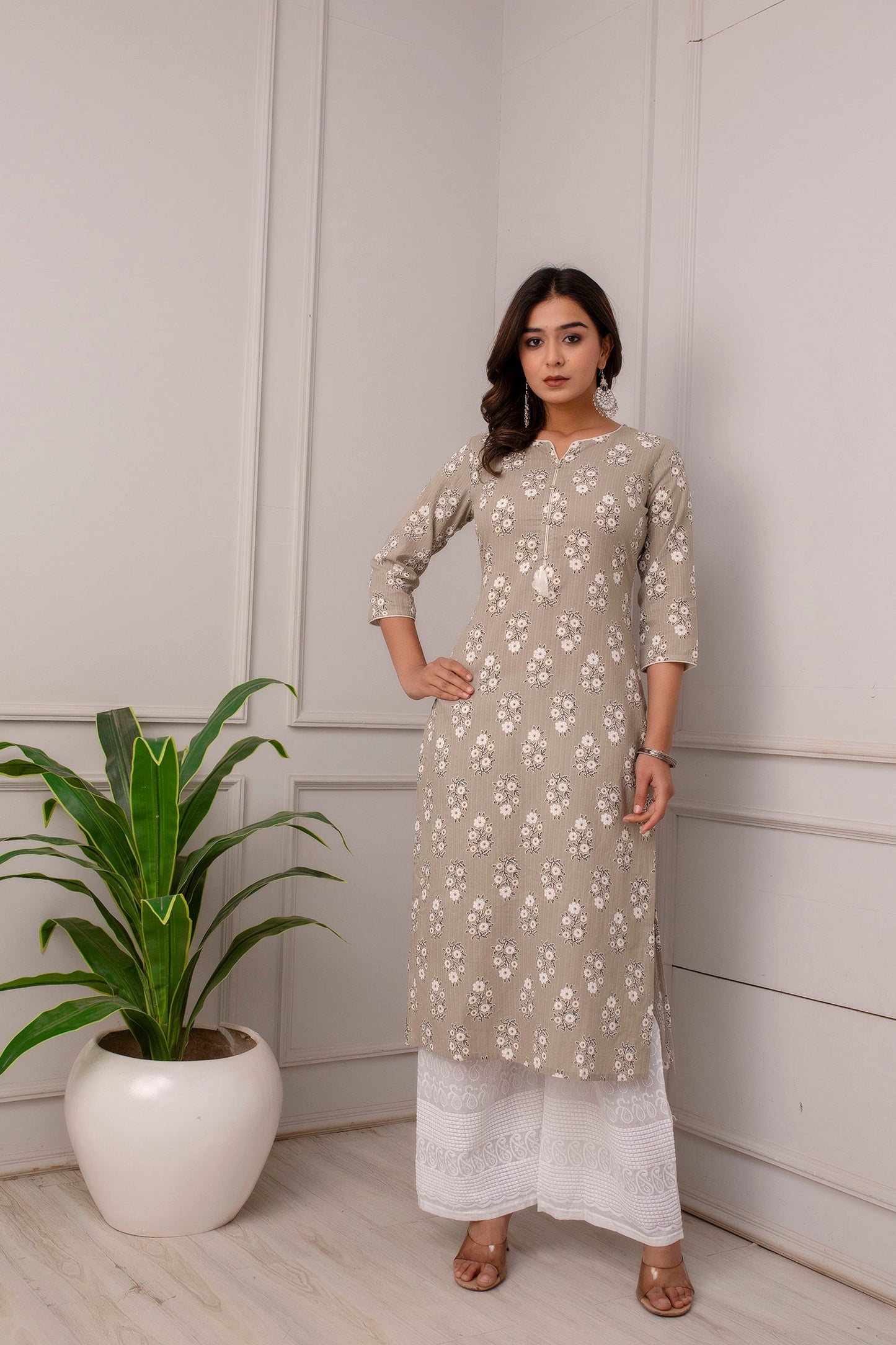 Women Grey Ethnic Printed Straight Kurta With Three Quarter Sleeves | LASVINI - Redefining Indian Fashion with Elegance
