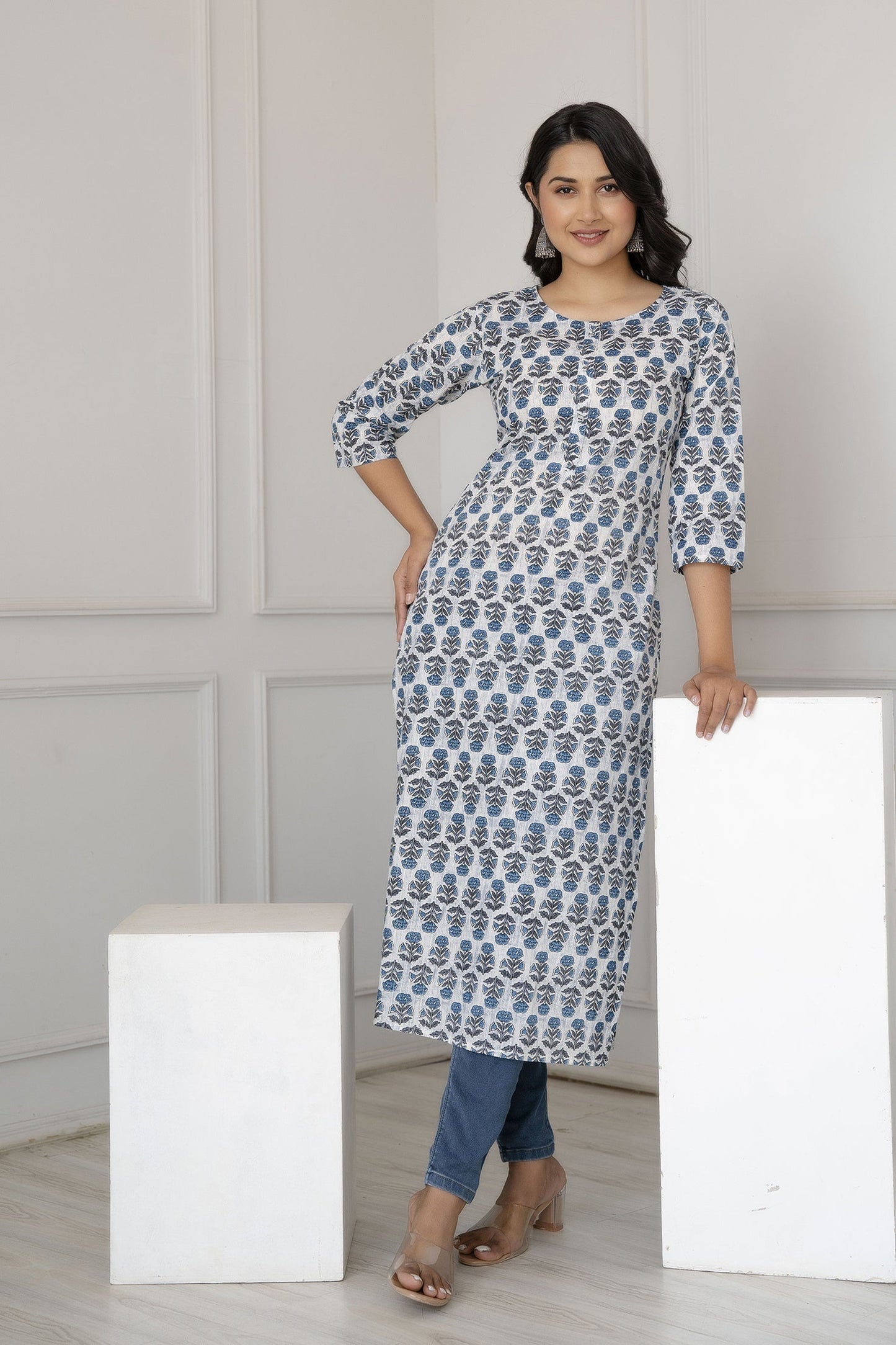 Women Off-White Printed Straight Kurta With Three Quarter Sleeves | LASVINI - Redefining Indian Fashion with Elegance