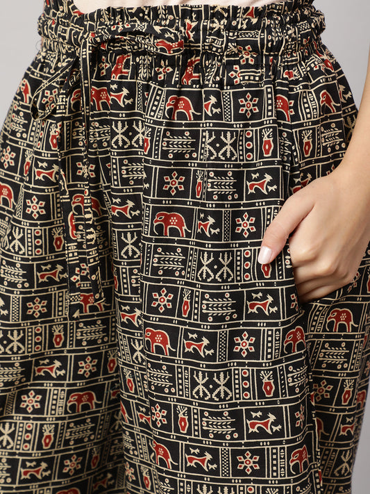 Women Black Printed Wide Legged Printed Palazzo With Side Pockets | LASVINI - Redefining Indian Fashion with Elegance