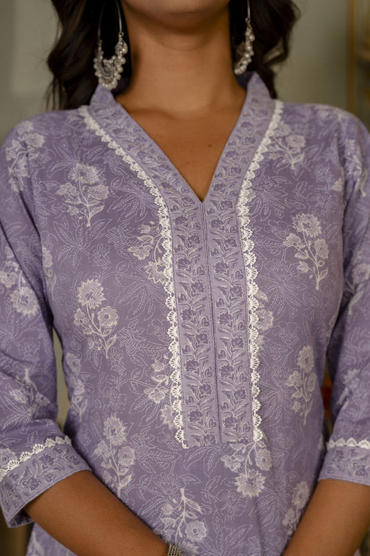 Women Purple Ethnic Printed Straight Kurta With Three Quarter Sleeves | LASVINI - Redefining Indian Fashion with Elegance