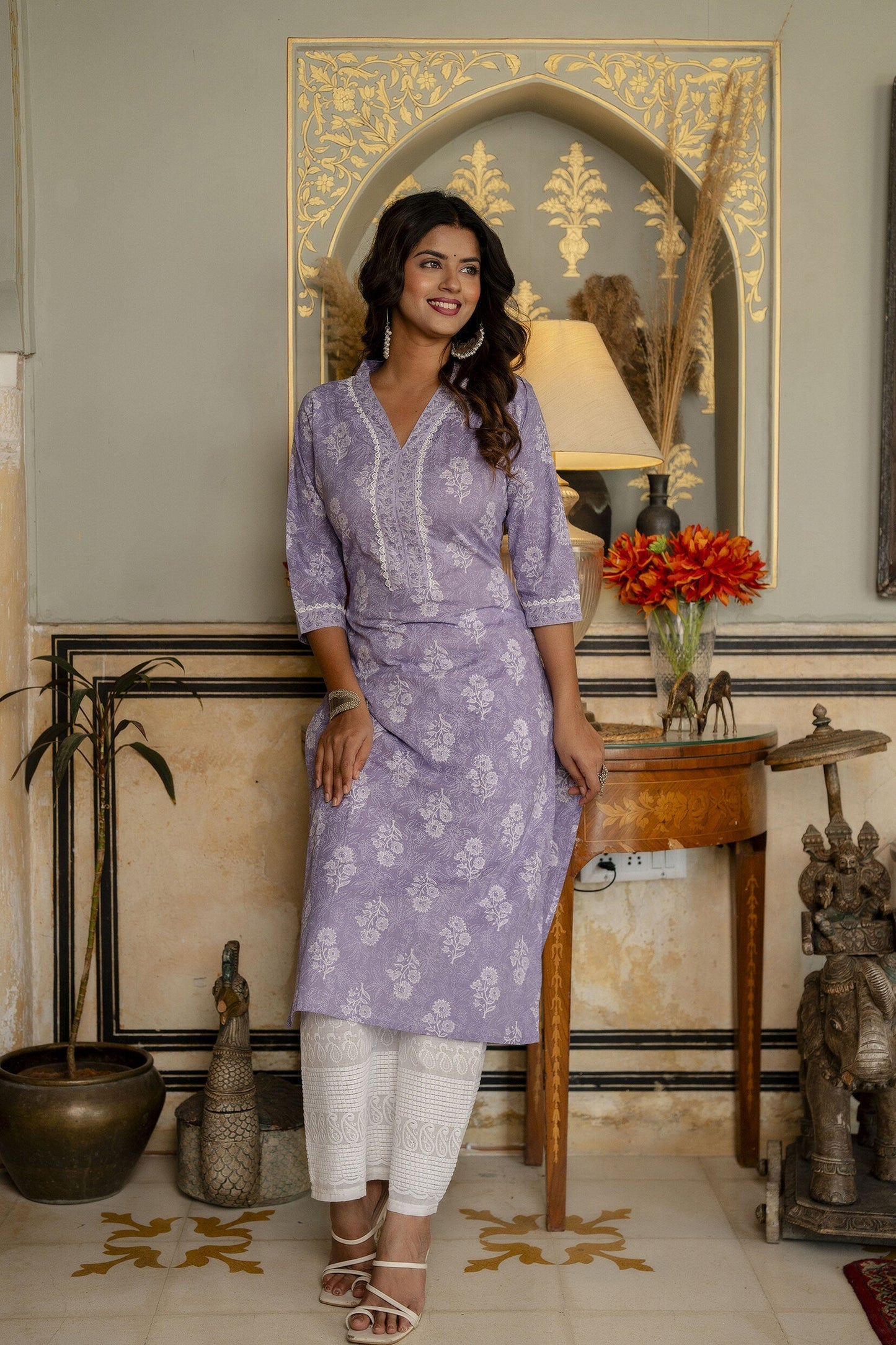 Women Purple Ethnic Printed Straight Kurta With Three Quarter Sleeves | LASVINI - Redefining Indian Fashion with Elegance
