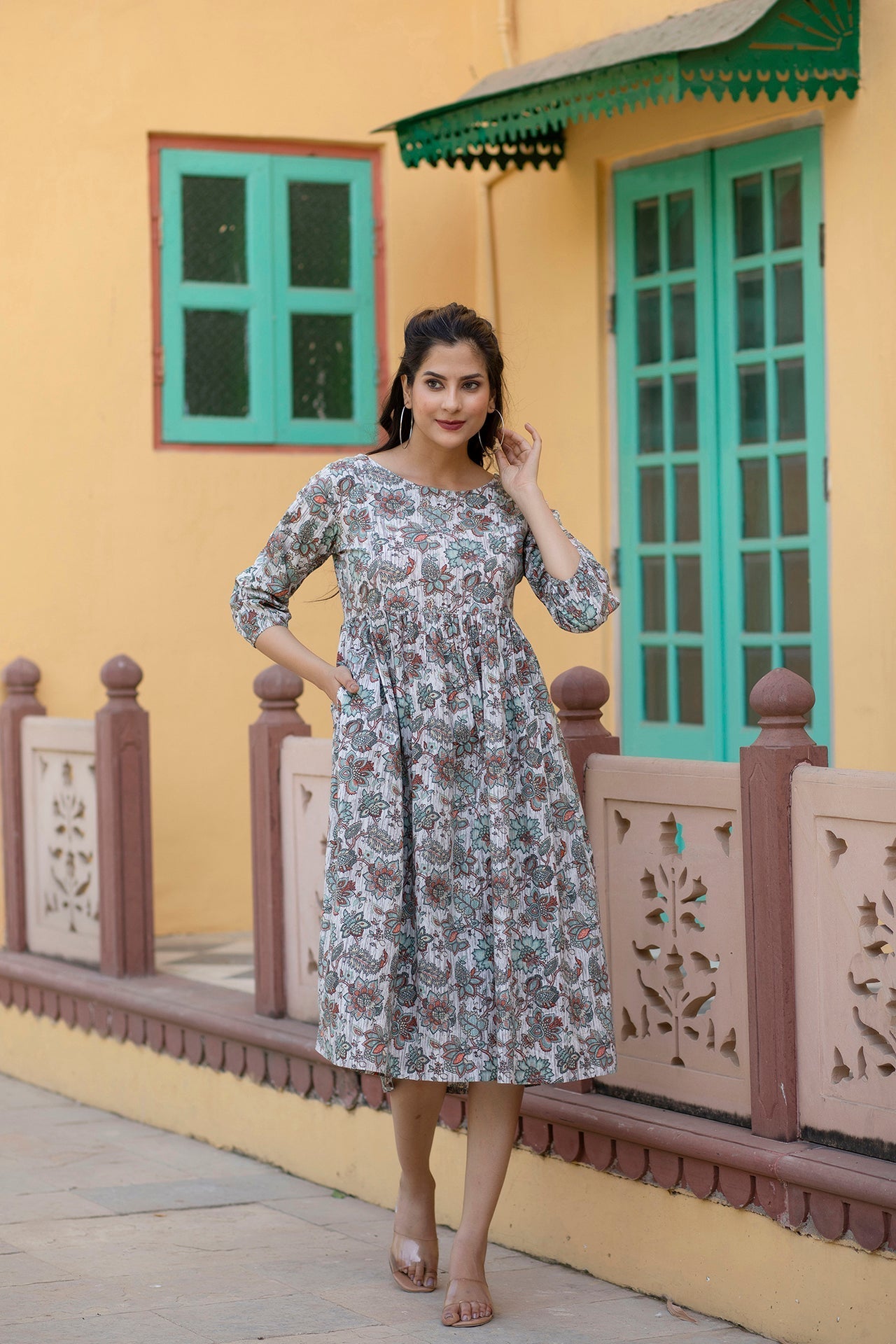 Women Off-White Ethnic Printed Flared Dress With Three Quarter Sleeves | LASVINI - Redefining Indian Fashion with Elegance