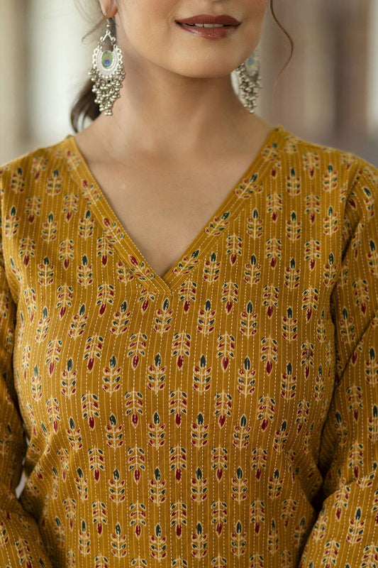 Women Yellow Ethnic Printed Straight Kurta With Three Quarter Sleeves | LASVINI - Redefining Indian Fashion with Elegance