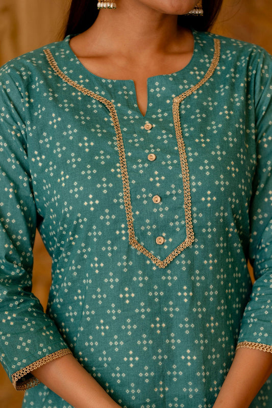 Women Green Bandhani Printed Straight Kurta | LASVINI - Redefining Indian Fashion with Elegance