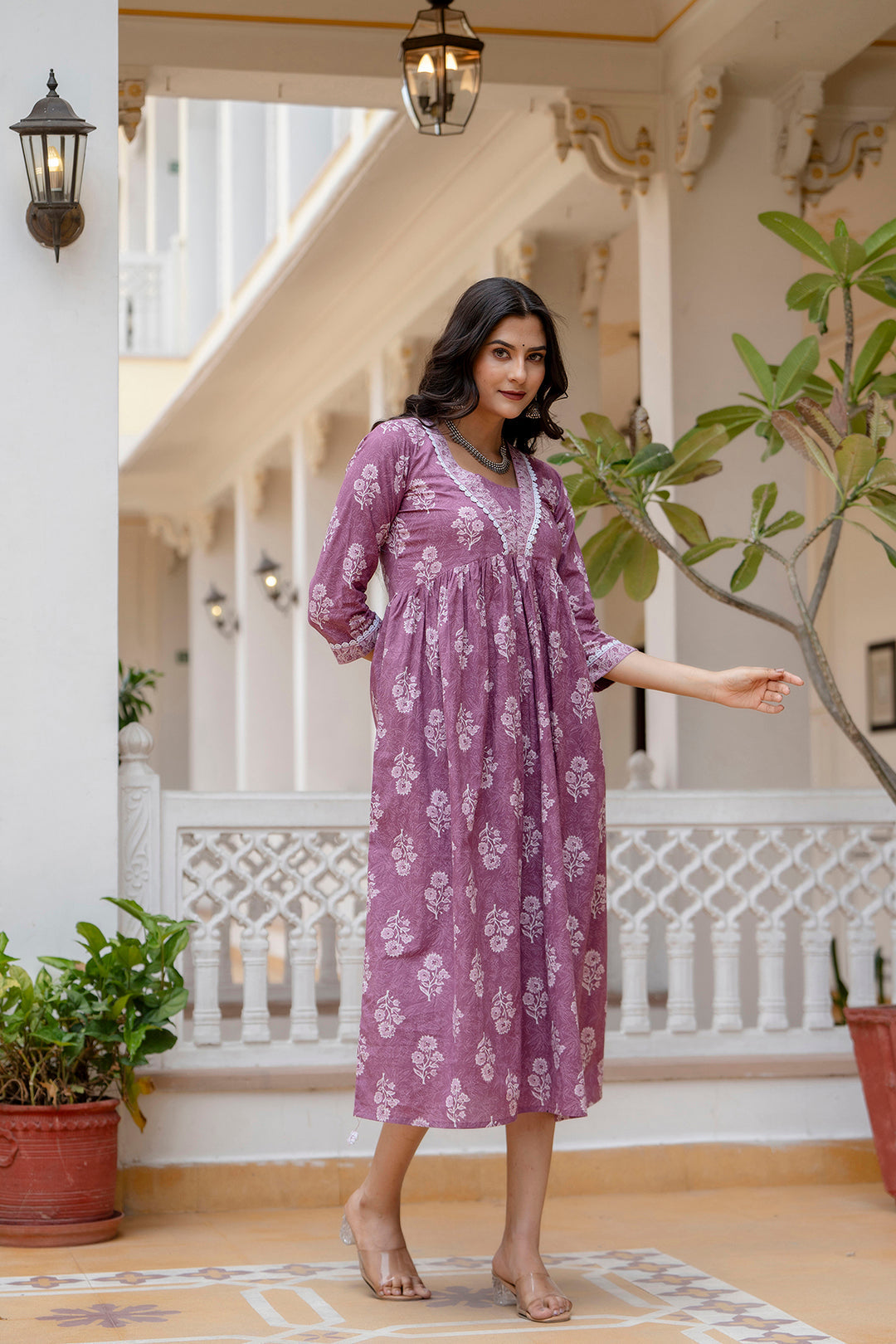Women Purple Ethnic Printed Flared Dress | LASVINI - Redefining Indian Fashion with Elegance