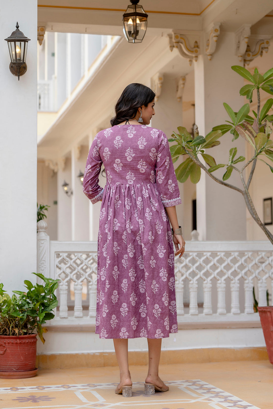 Women Purple Ethnic Printed Flared Dress | LASVINI - Redefining Indian Fashion with Elegance