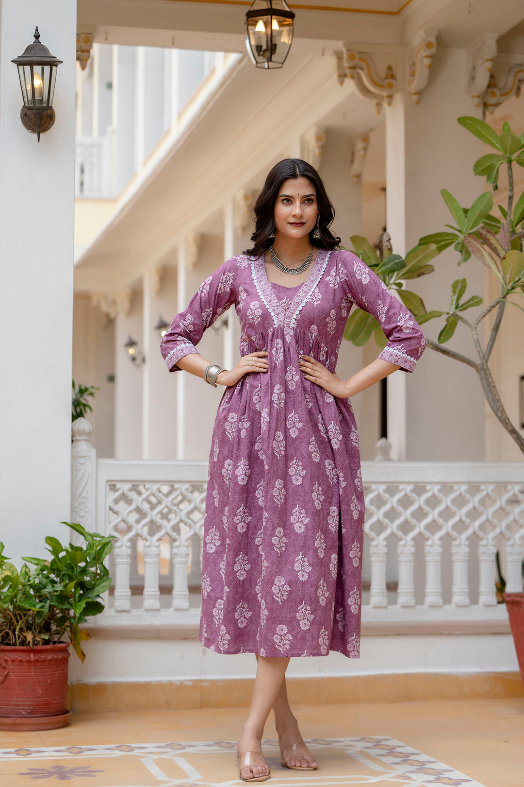 Women Purple Ethnic Printed Flared Dress | LASVINI - Redefining Indian Fashion with Elegance