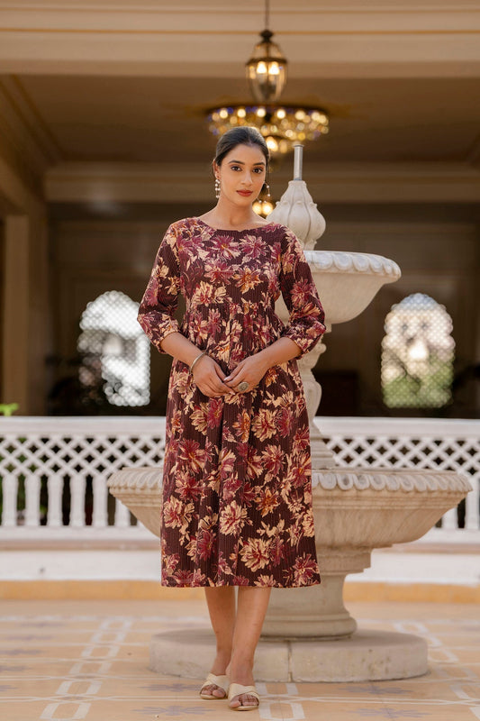 Women Burgundy Printed Flared Dress | LASVINI - Redefining Indian Fashion with Elegance