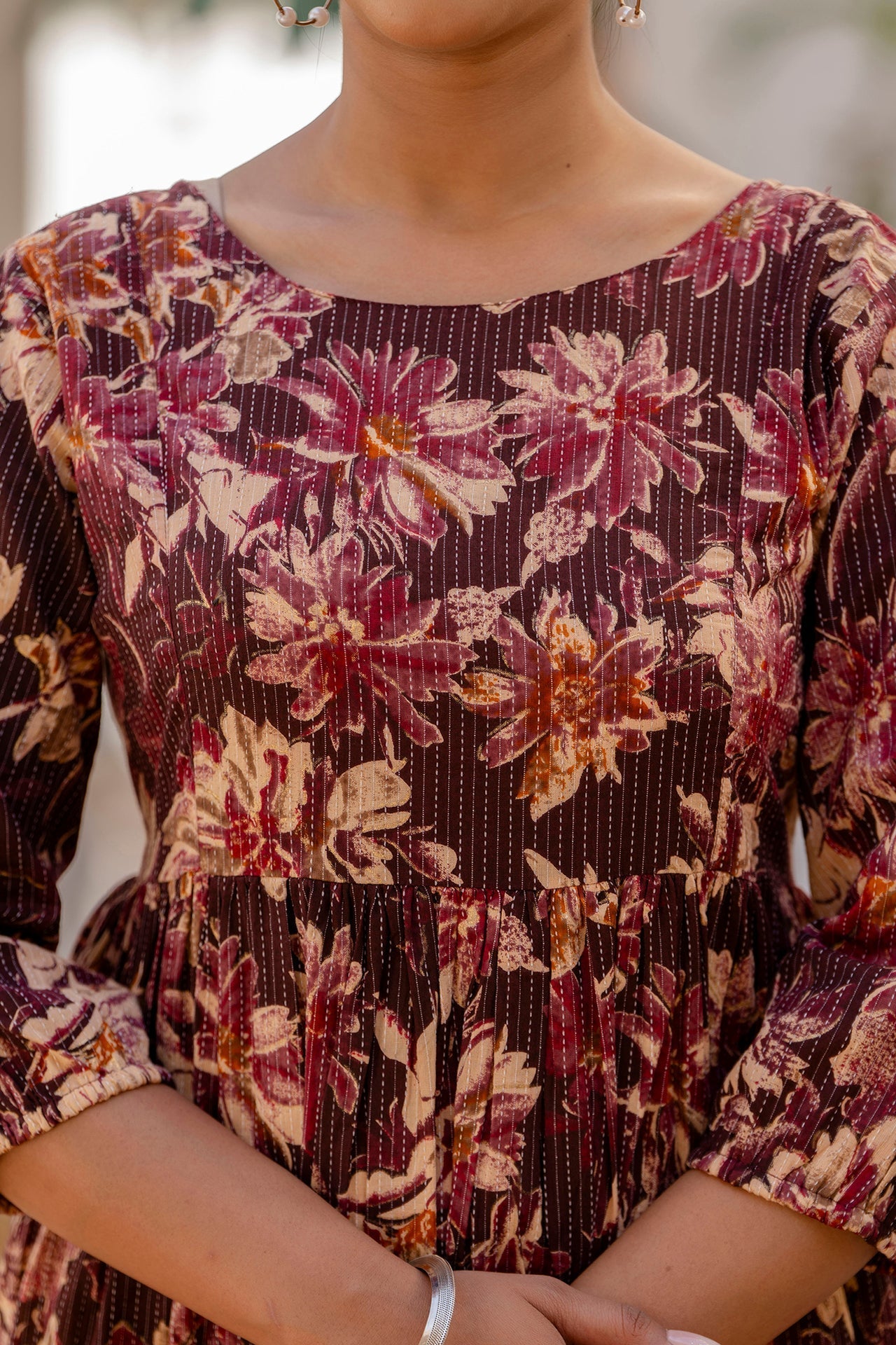 Women Burgundy Printed Flared Dress | LASVINI - Redefining Indian Fashion with Elegance