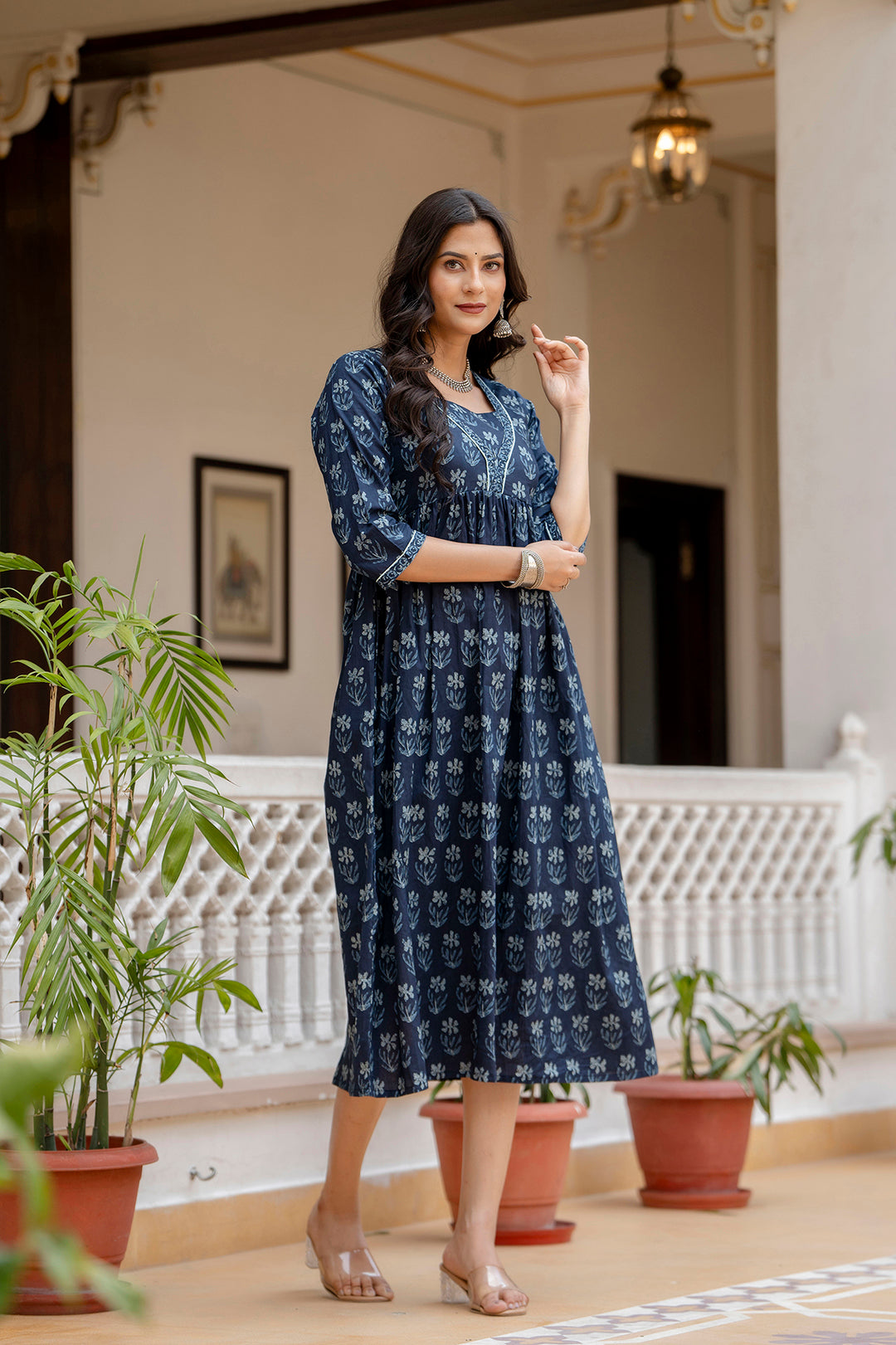 Women Navy Blue Ethnic Printed Flared Dress | LASVINI - Redefining Indian Fashion with Elegance