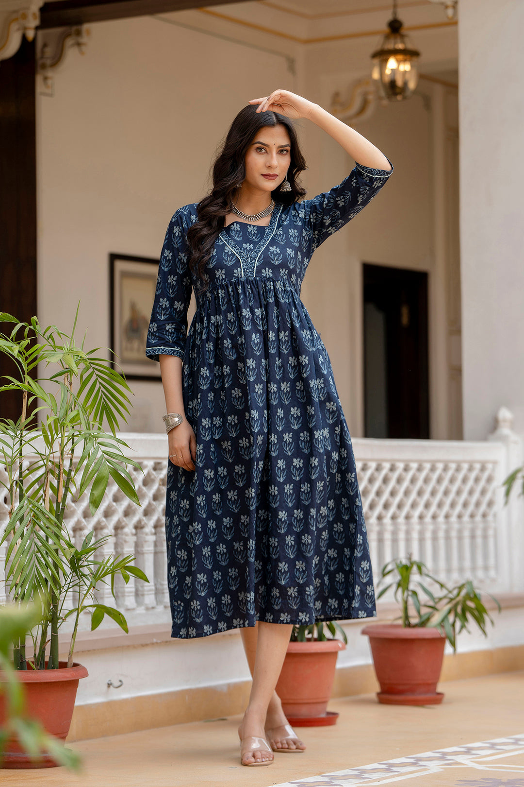 Women Navy Blue Ethnic Printed Flared Dress | LASVINI - Redefining Indian Fashion with Elegance