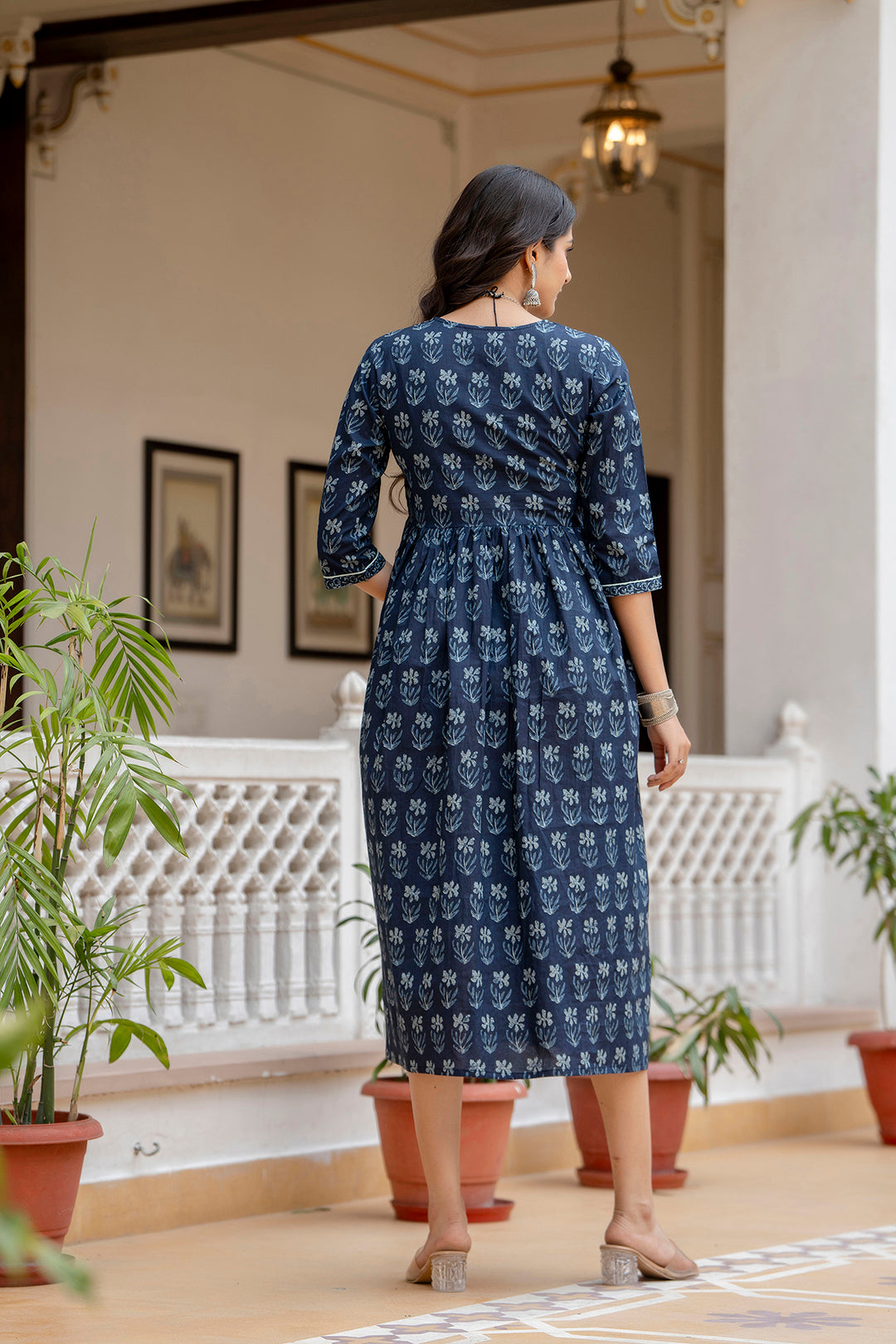 Women Navy Blue Ethnic Printed Flared Dress | LASVINI - Redefining Indian Fashion with Elegance