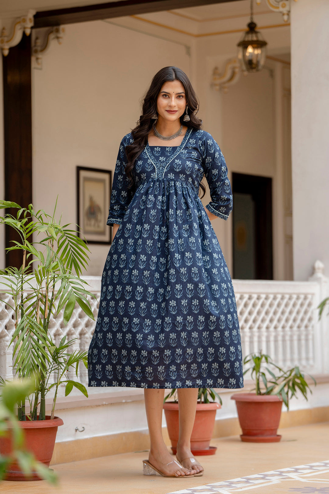 Women Navy Blue Ethnic Printed Flared Dress | LASVINI - Redefining Indian Fashion with Elegance