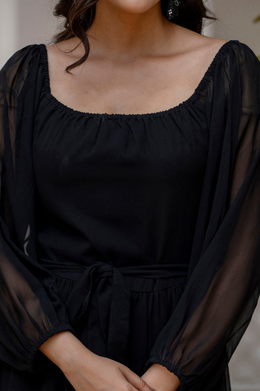 Women Black Georgette Flared Dress | LASVINI - Redefining Indian Fashion with Elegance